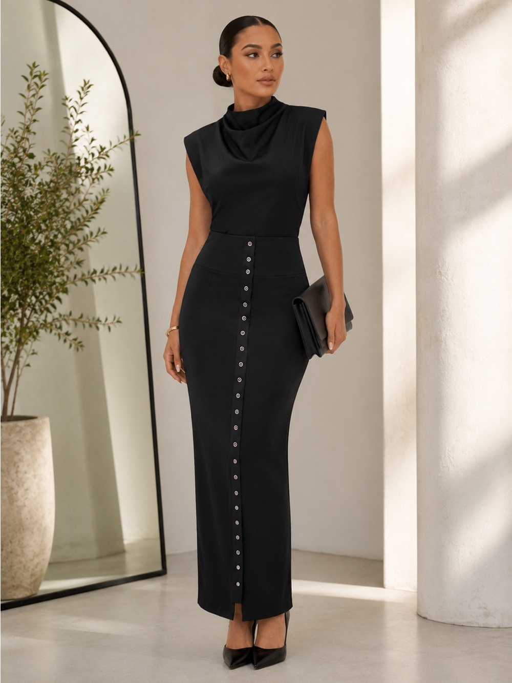 COMMENSE Black Satin Two-Piece Top & Maxi Skirt Set